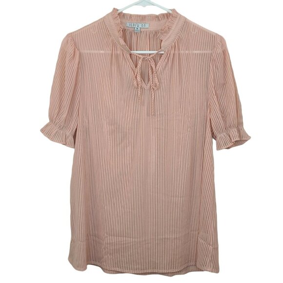 Story On Tops - Story On Shirt Women Medium Pink Stripe Popover Sheer Peasant Boho Casual Summer